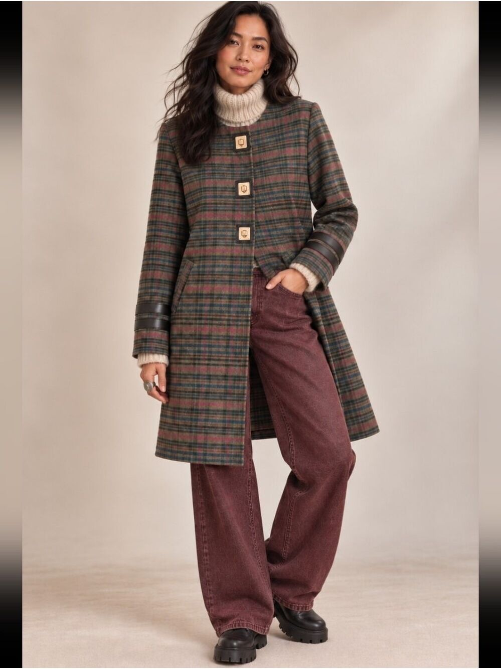 SITARE PLAID COLLARLESS LONGLINE COAT JACKET LEATHER GOLD HARDWARE ACCENT L/XL